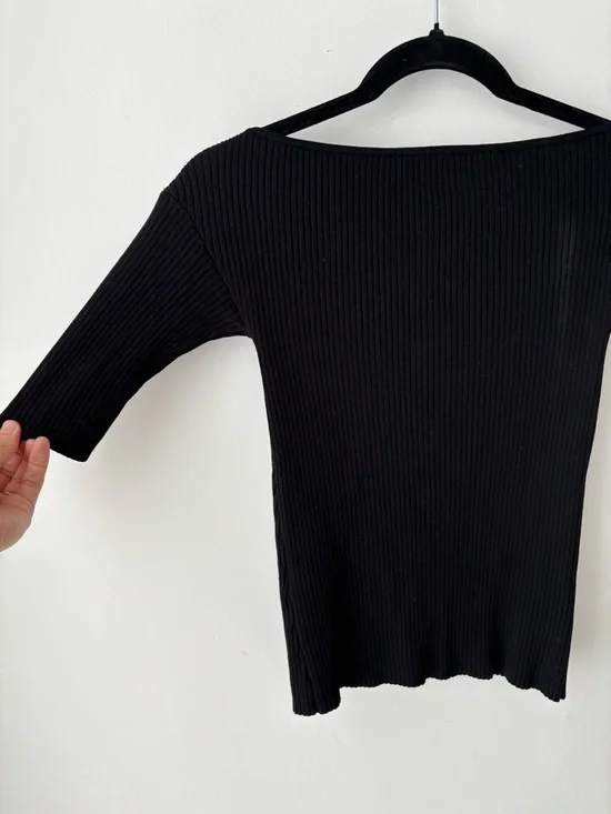 Max Mara Weekend Ribbed Knit Boat Neck Top Black | Fitted Stretch Off Shoulder - Picture 9 of 9